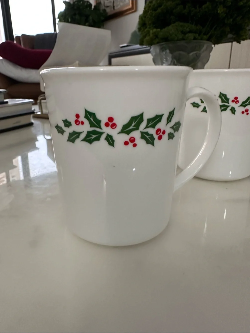 Vintage Corelle Winter Holly Christmas Mugs Set of 2 Corning Holiday Cups USA